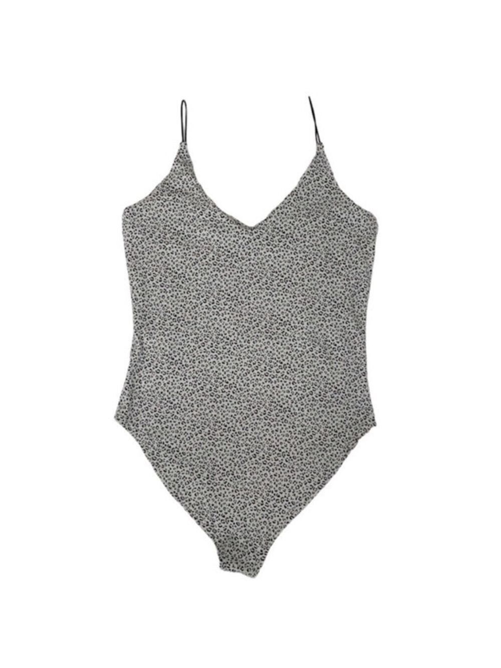 Gaze Gray Black Leopard Print Bodysuit Spaghetti Strap Stretch Fitted Small - Picture 4 of 15